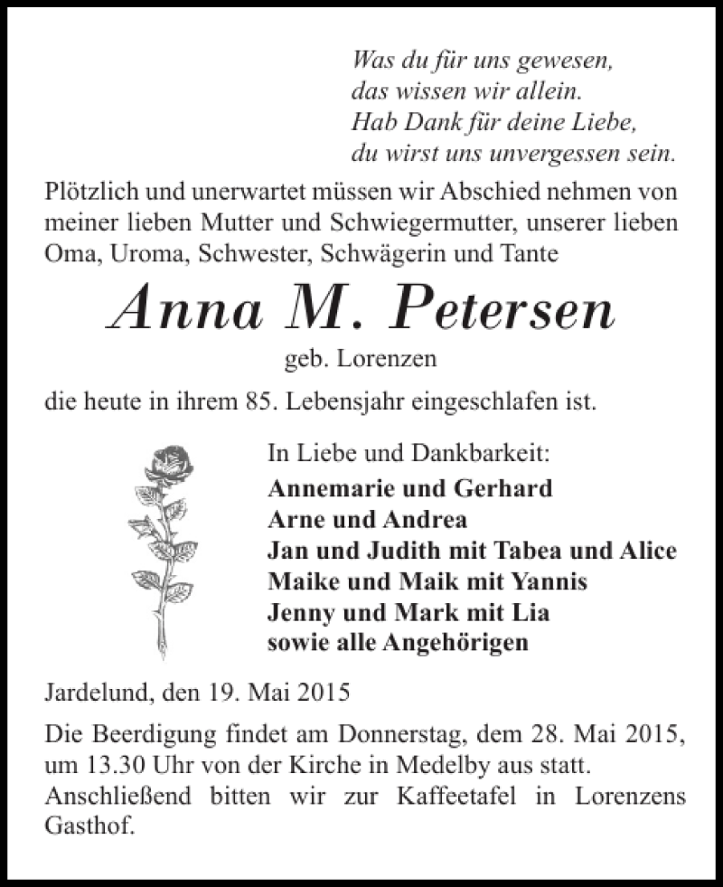  Traueranzeige für Anna M. Petersen vom 23.05.2015 aus Flensburger Tageblatt