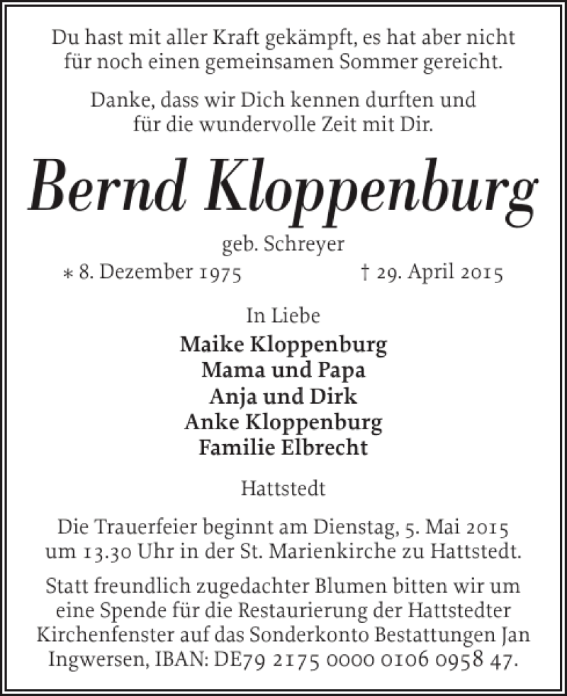  Traueranzeige für Bernd Kloppenburg vom 02.05.2015 aus Flensburger Tageblatt