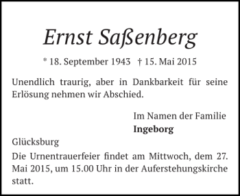 Traueranzeige von Ernst Saßenberg von Flensburger Tageblatt