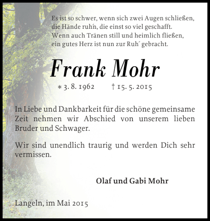  Traueranzeige für Frank Mohr vom 20.05.2015 aus Elmshorner Nachrichten