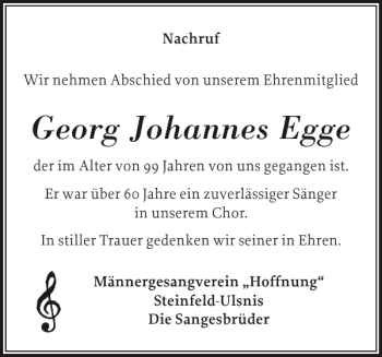 Traueranzeige von Georg Johannes Egge von Schleswiger Nachrichten