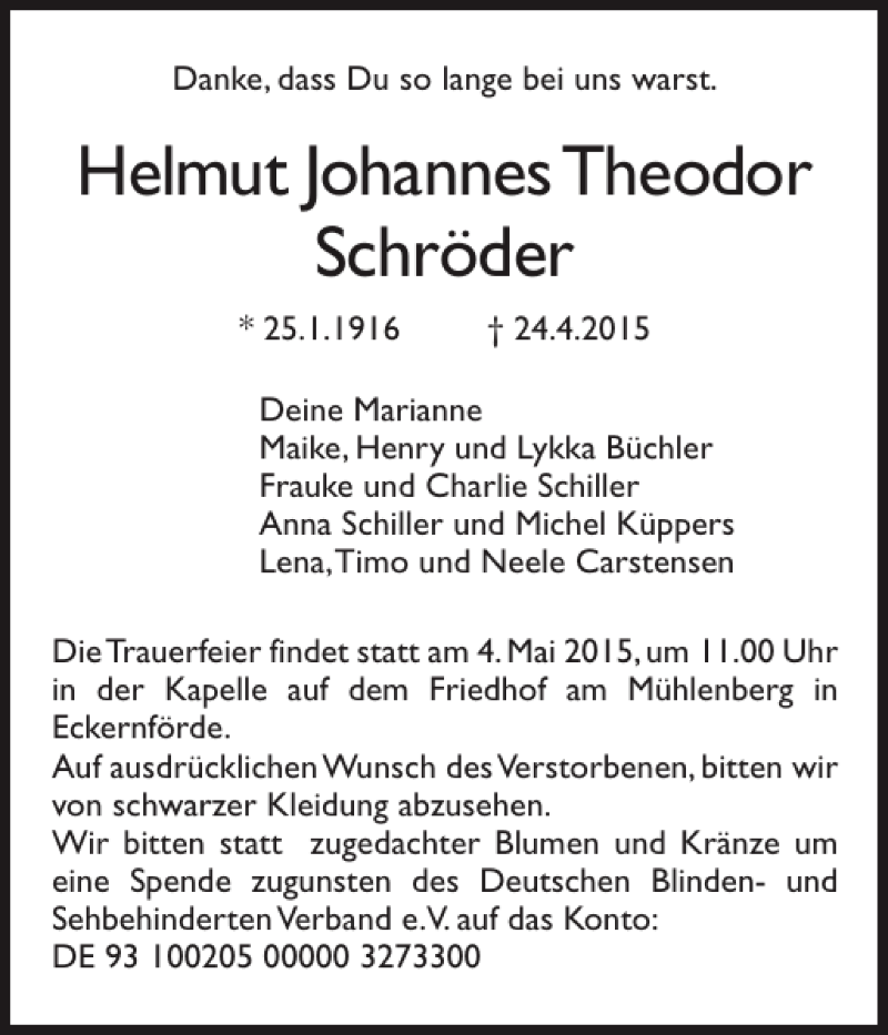  Traueranzeige für Helmut JohannesTheodor Schröder vom 02.05.2015 aus Eckernförder Zeitung