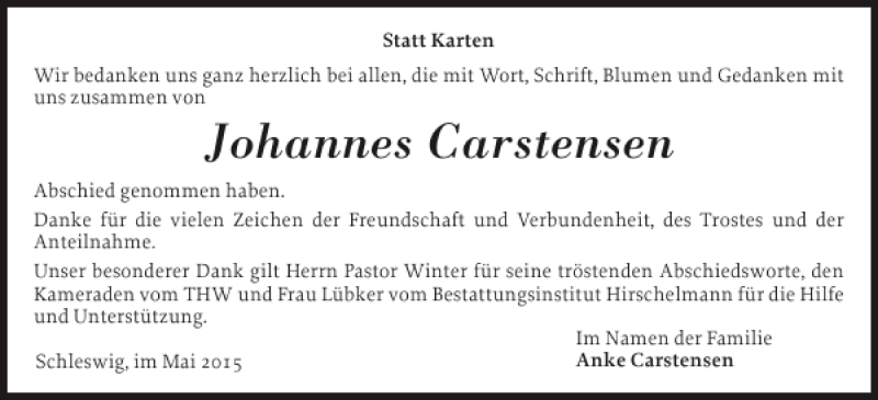  Traueranzeige für Johannes Carstensen vom 15.05.2015 aus Schleswiger Nachrichten
