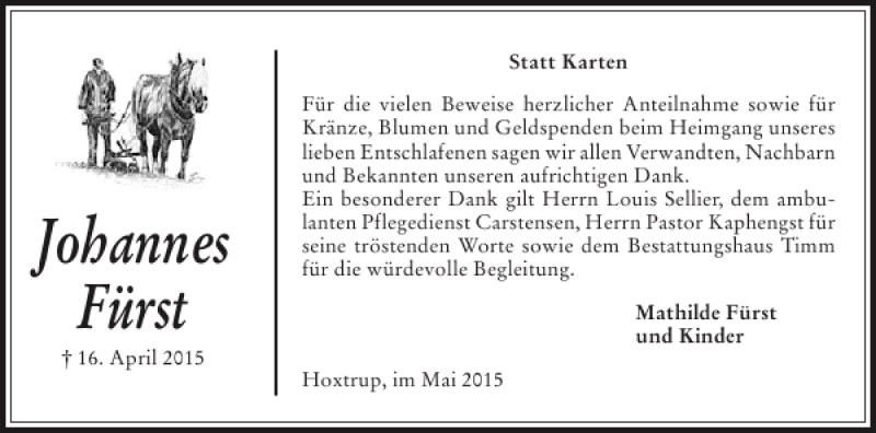  Traueranzeige für Johannes Fürst vom 16.05.2015 aus Husumer Nachrichten