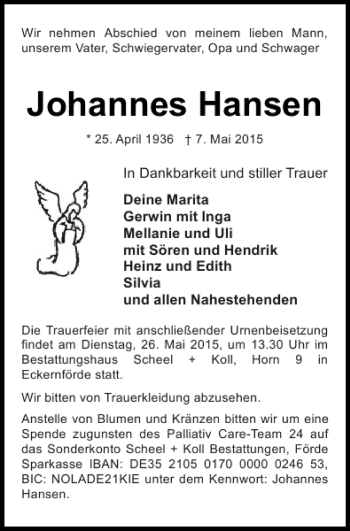 Traueranzeige von Johannes Hansen von Eckernförder Zeitung