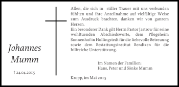 Traueranzeige von Johannes Mumm von Landeszeitung