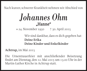Traueranzeige von Johannes Ohm von Nordfriesland Tageblatt