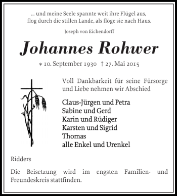 Traueranzeige von Johannes Rohwer von Norddeutsche Rundschau