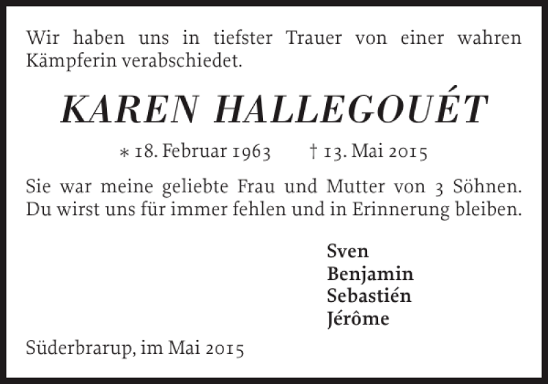  Traueranzeige für KAREN HALLEGOUÉT vom 23.05.2015 aus Schleswiger Nachrichten