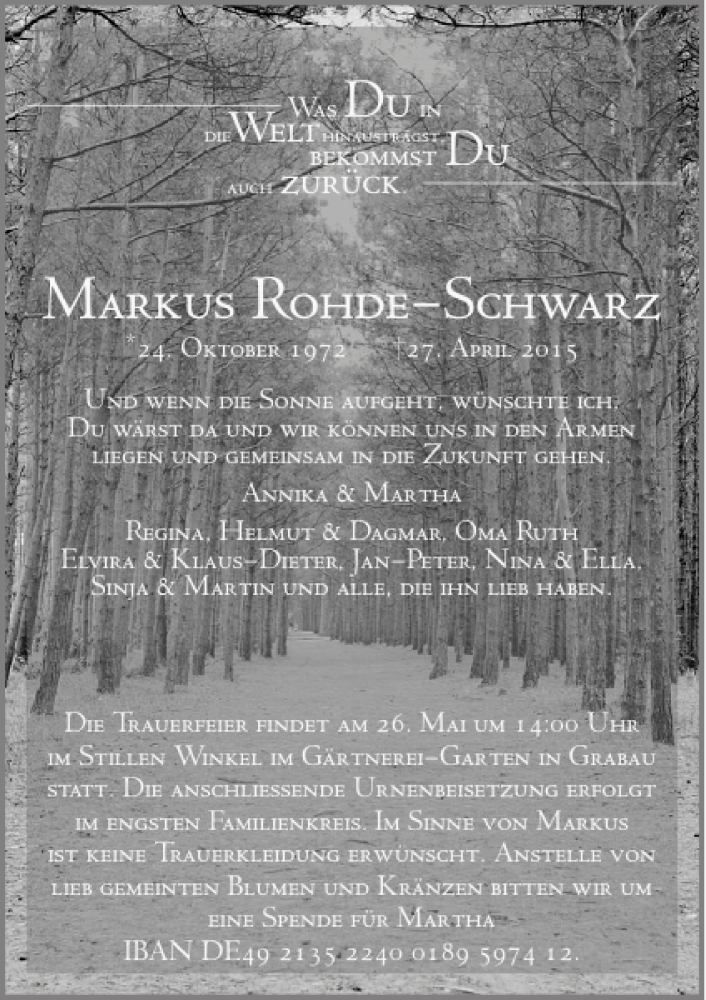  Traueranzeige für Markus Rohde Schwarz vom 16.05.2015 aus Stormarner Tageblatt