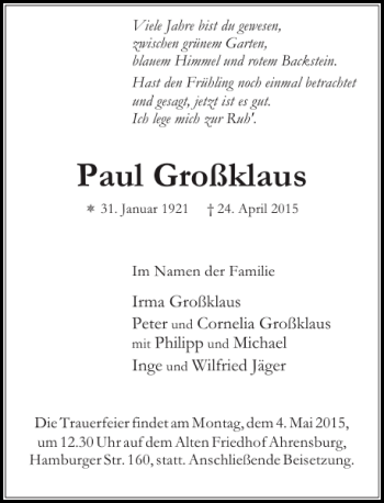 Traueranzeige von Paul Großklaus von Stormarner Tageblatt