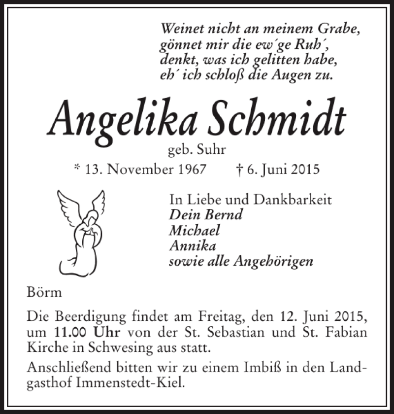  Traueranzeige für Angelika Schmidt vom 09.06.2015 aus Husumer Nachrichten