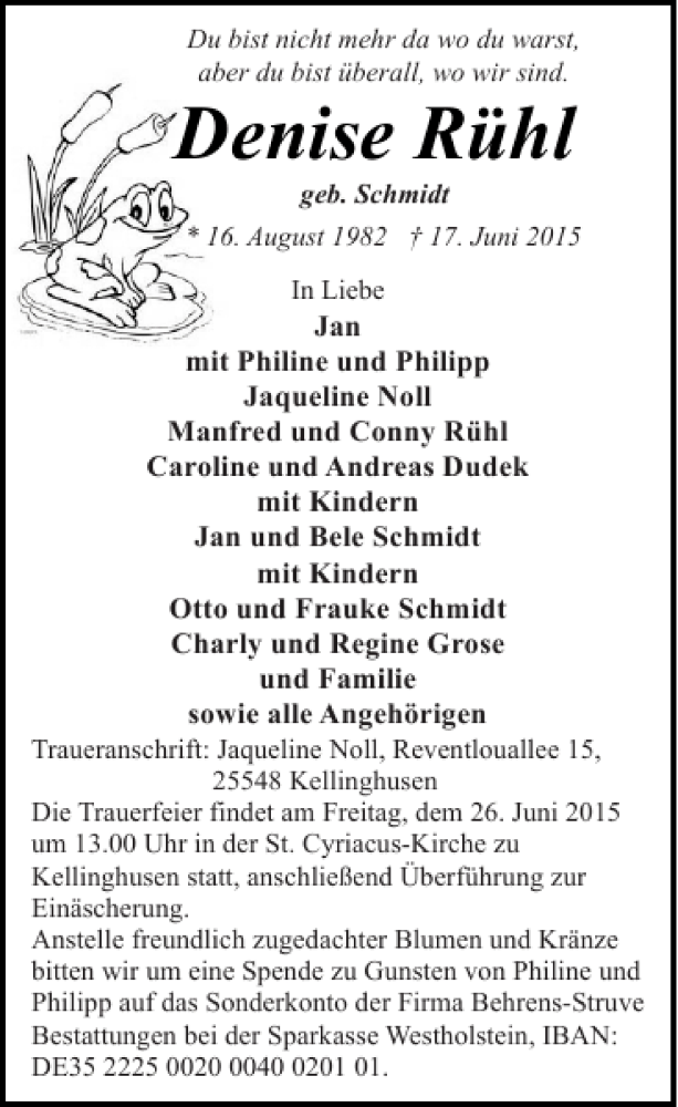  Traueranzeige für Denise Rühl vom 23.06.2015 aus Norddeutsche Rundschau