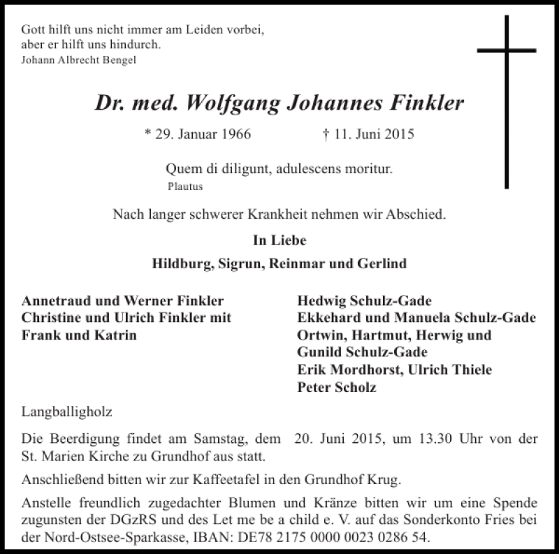  Traueranzeige für Dr. med. Wolfgang Johannes Finkler vom 16.06.2015 aus Flensburger Tageblatt