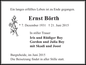 Traueranzeige von Ernst Börth von Stormarner Tageblatt