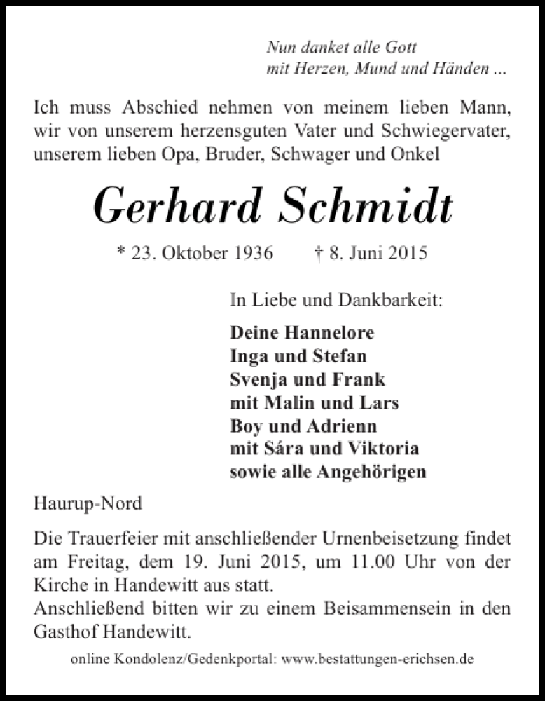  Traueranzeige für Gerhard Schmidt vom 12.06.2015 aus Flensburger Tageblatt