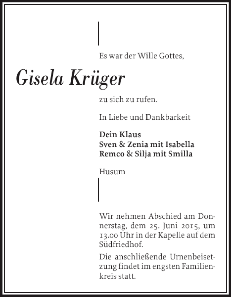  Traueranzeige für Gisela Krüger vom 20.06.2015 aus Husumer Nachrichten