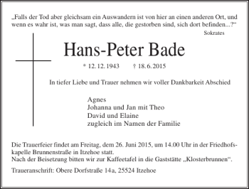 Traueranzeige von Hans-Peter Bade von Norddeutsche Rundschau