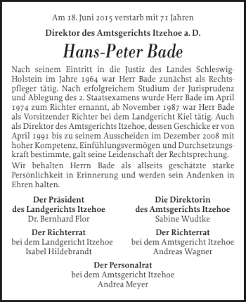 Traueranzeige von Hans-Peter Bade von Norddeutsche Rundschau