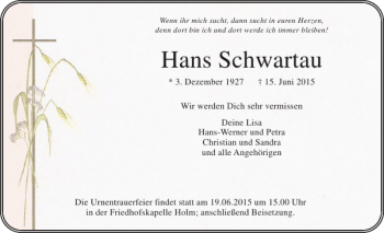Traueranzeige von Hans Schwartau von Pinneberger Tageblatt