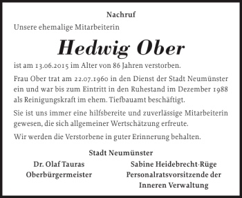 Traueranzeige von Hedwig Ober von Holsteinischer Courier