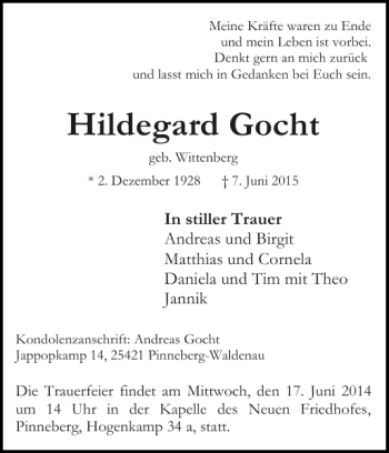 Traueranzeige von Hildegard Gocht von Pinneberger Tageblatt