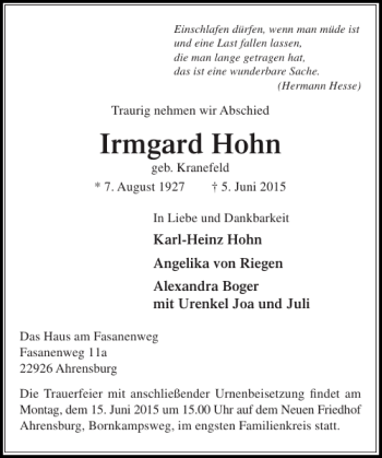 Traueranzeige von Irmgard Hohn von Stormarner Tageblatt