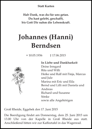 Traueranzeige von Johannes 'Hanni' Berndsen von Schleswiger Nachrichten