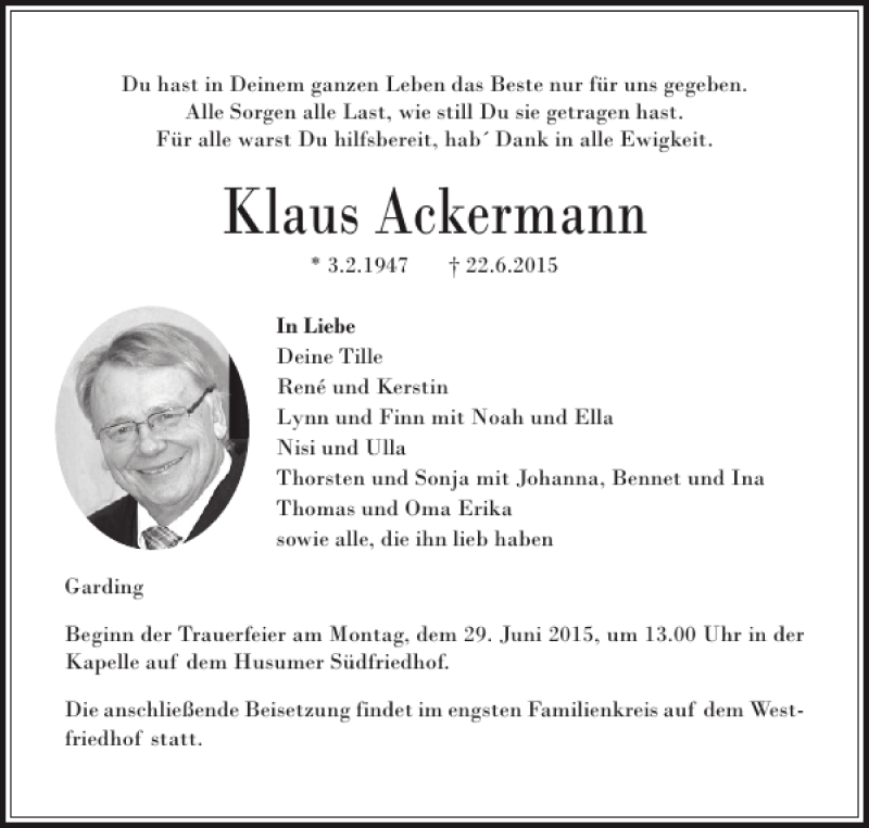  Traueranzeige für Klaus Ackermann vom 25.06.2015 aus Husumer Nachrichten