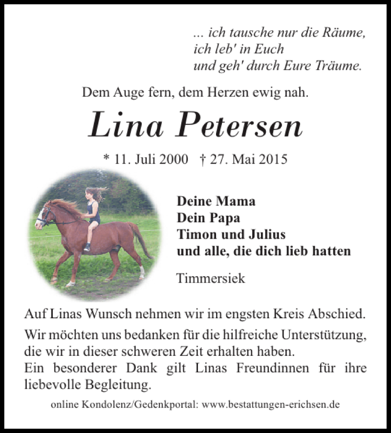  Traueranzeige für Lina Petersen vom 06.06.2015 aus Flensburger Tageblatt