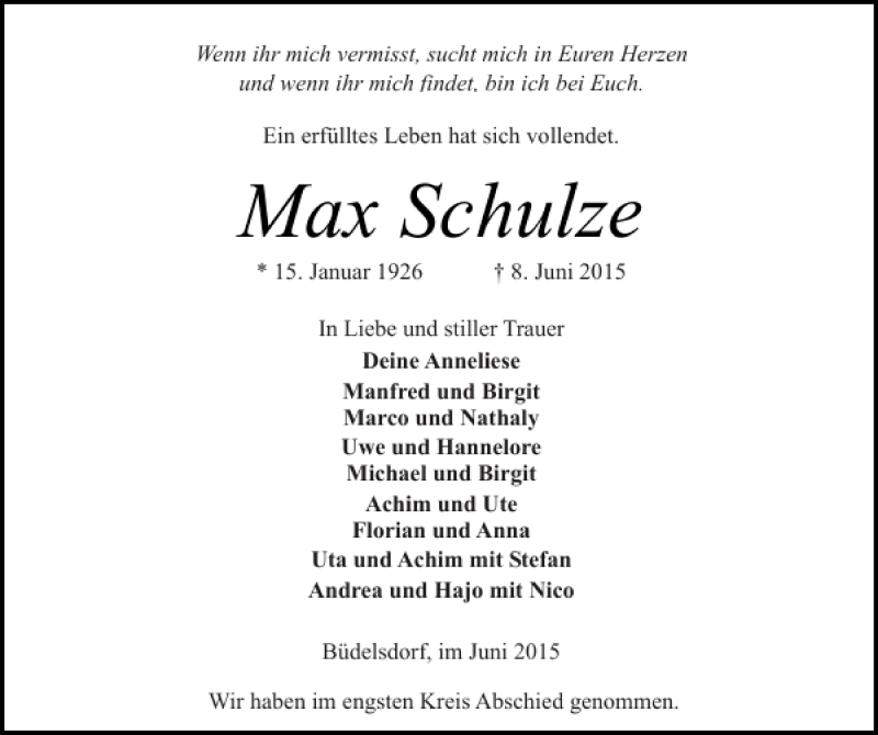  Traueranzeige für Max Schulze vom 13.06.2015 aus Landeszeitung