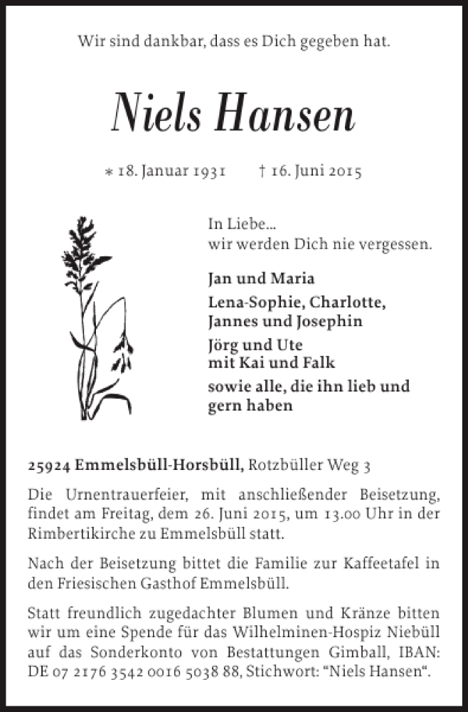  Traueranzeige für Niels Hansen vom 20.06.2015 aus Nordfriesland Tageblatt