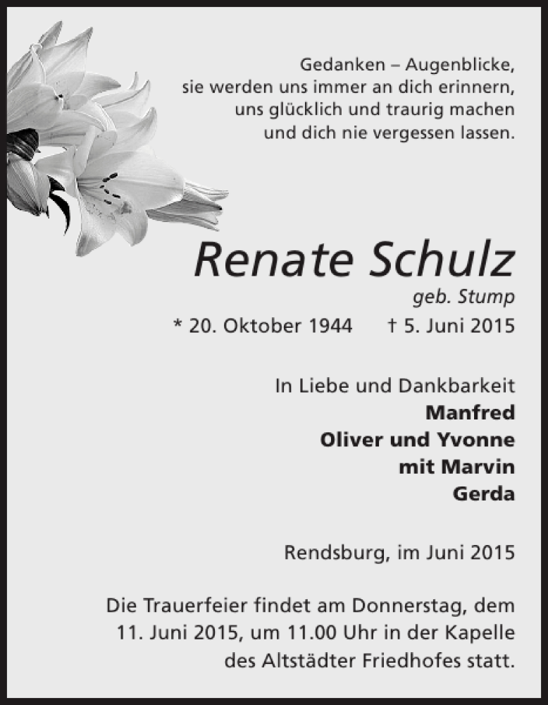  Traueranzeige für Renate Schulz vom 09.06.2015 aus Landeszeitung