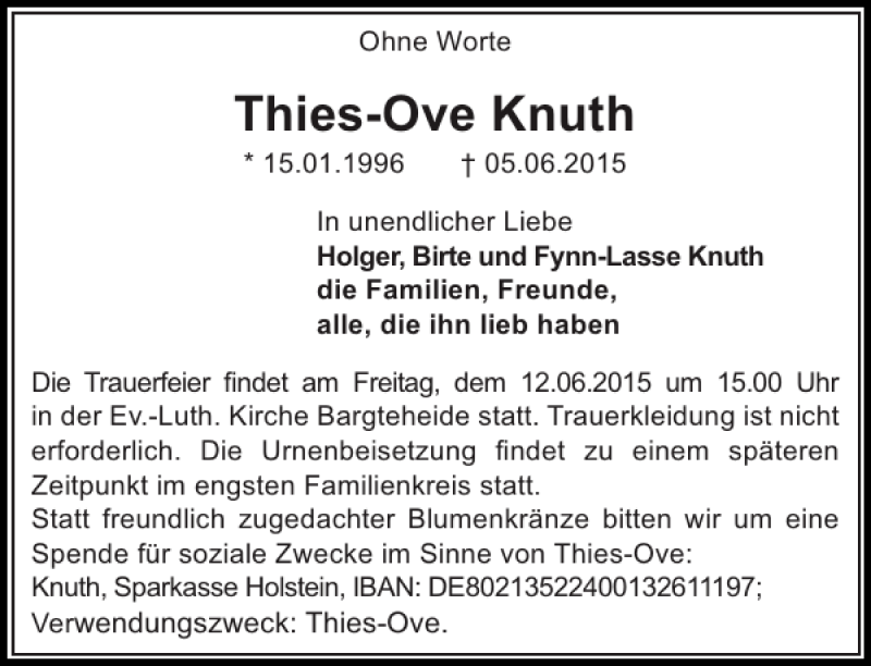  Traueranzeige für Thies-Ove Knuth vom 10.06.2015 aus Stormarner Tageblatt