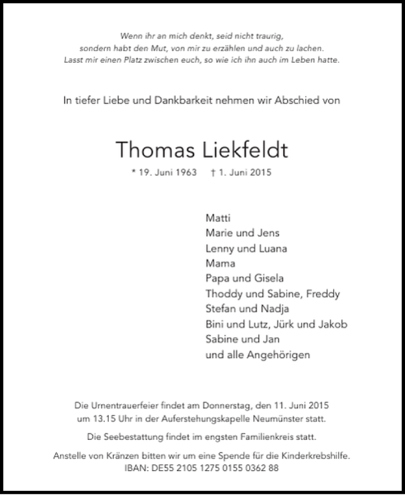  Traueranzeige für Thomas Liekfeldt vom 06.06.2015 aus Holsteinischer Courier