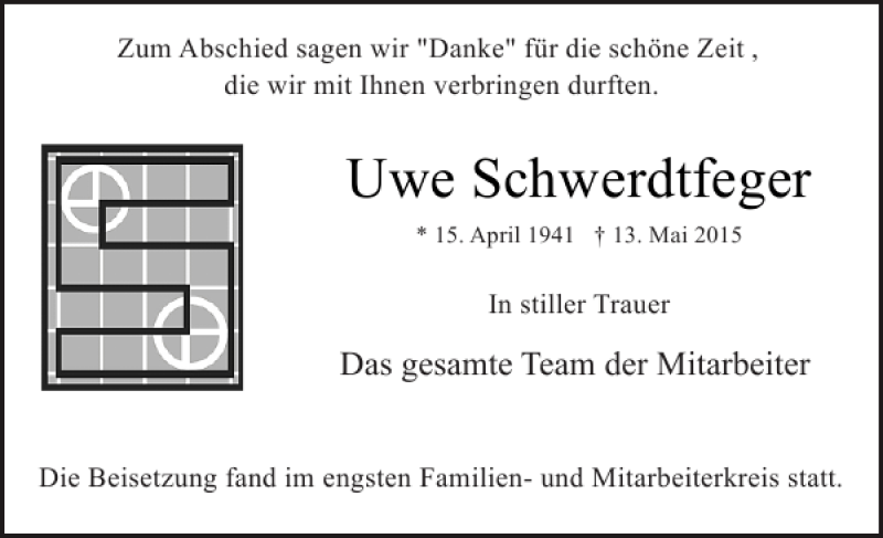 Traueranzeige für Uwe Schwerdtfeger vom 27.06.2015 aus Pinneberger Tageblatt