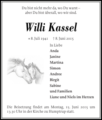 Traueranzeige von Willi Kassel von Nordfriesland Tageblatt