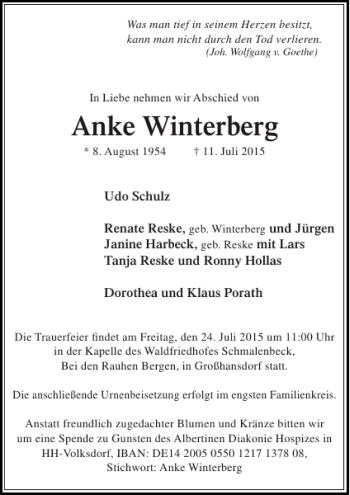 Traueranzeige von Anke Winterberg von Stormarner Tageblatt
