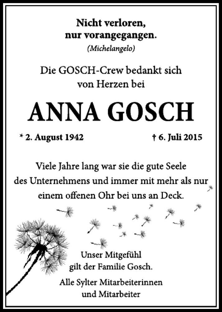  Traueranzeige für Anna Gosch vom 08.07.2015 aus Sylter Rundschau