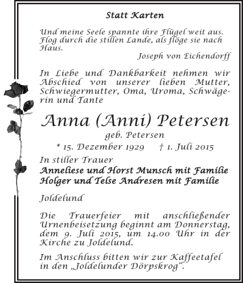 Traueranzeige für Anna Anni Petersen vom 04.07.2015 aus Husumer Nachrichten