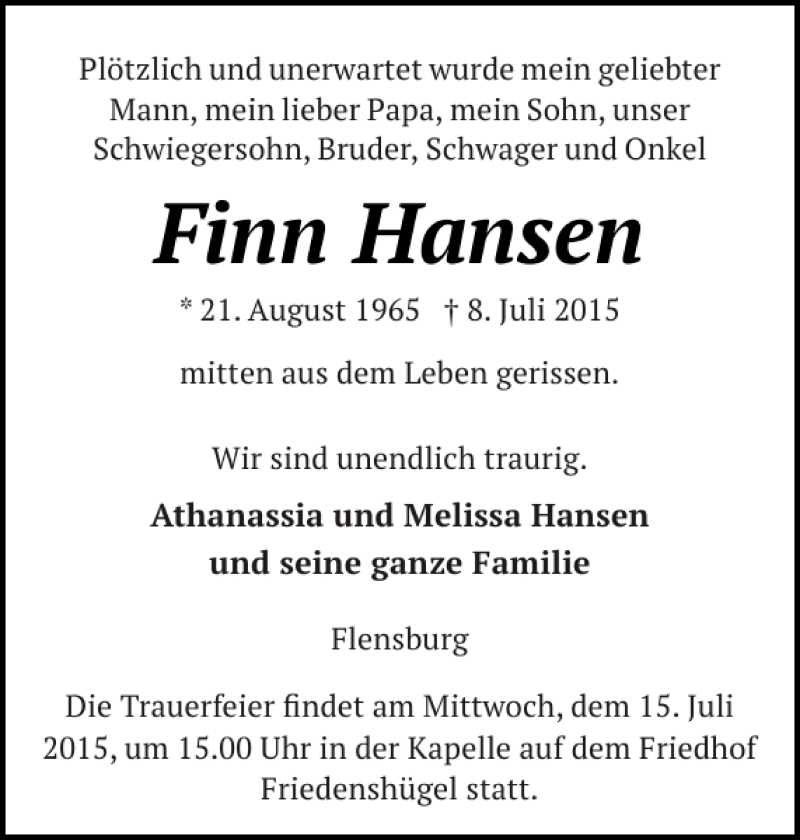  Traueranzeige für Finn Hansen vom 11.07.2015 aus Flensburger Tageblatt