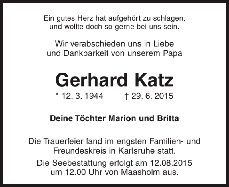  Traueranzeige für Gerhard Katz vom 18.07.2015 aus Flensburger Tageblatt