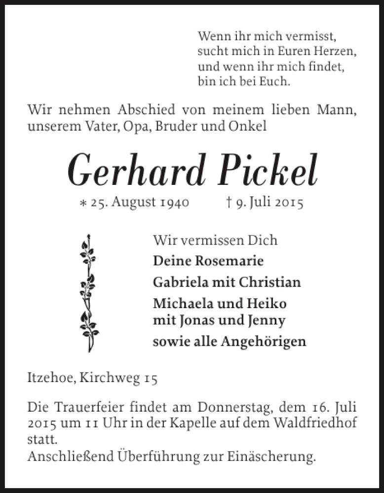  Traueranzeige für Gerhard Pickel vom 11.07.2015 aus Norddeutsche Rundschau