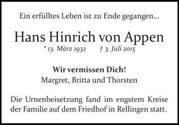 Traueranzeige von Hans Hinrich von Appen von Pinneberger Tageblatt