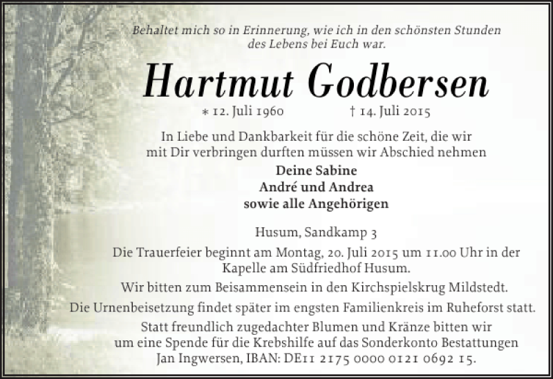  Traueranzeige für Hartmut Godbersen vom 16.07.2015 aus Husumer Nachrichten