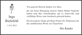 Traueranzeige von Inge Bielefeld von Stormarner Tageblatt