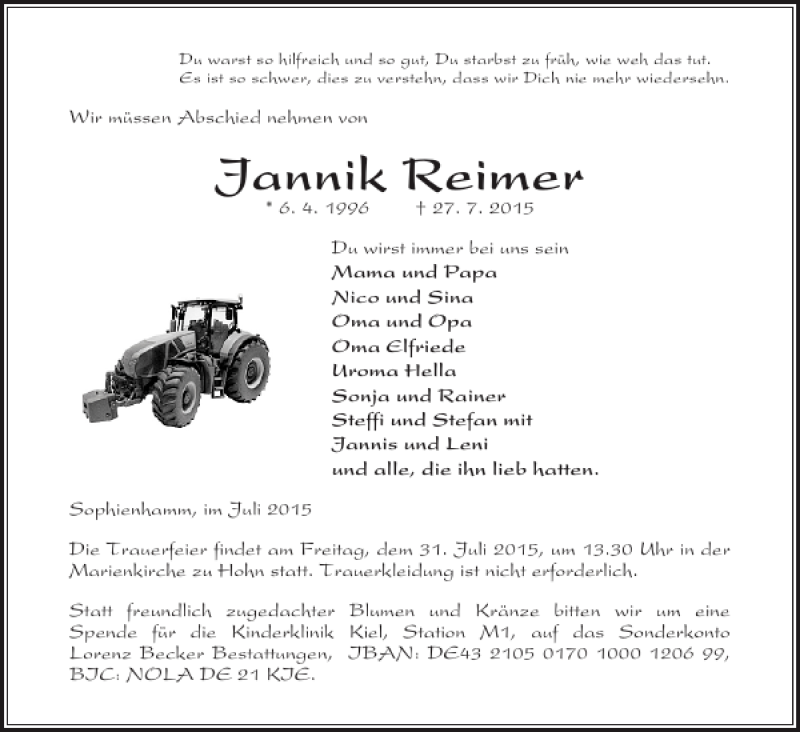  Traueranzeige für Jannik Reimer vom 30.07.2015 aus Landeszeitung