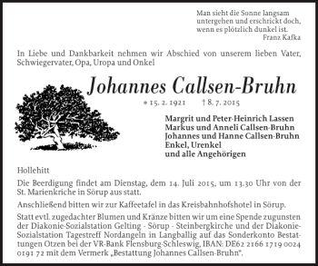 Traueranzeige von Johannes Callsen-Bruhn von Flensburger Tageblatt