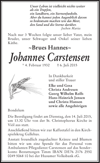 Traueranzeige von Johannes Carstensen von Husumer Nachrichten