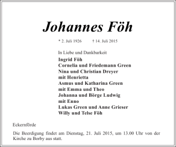 Traueranzeige von Johannes Föh von Eckernförder Zeitung